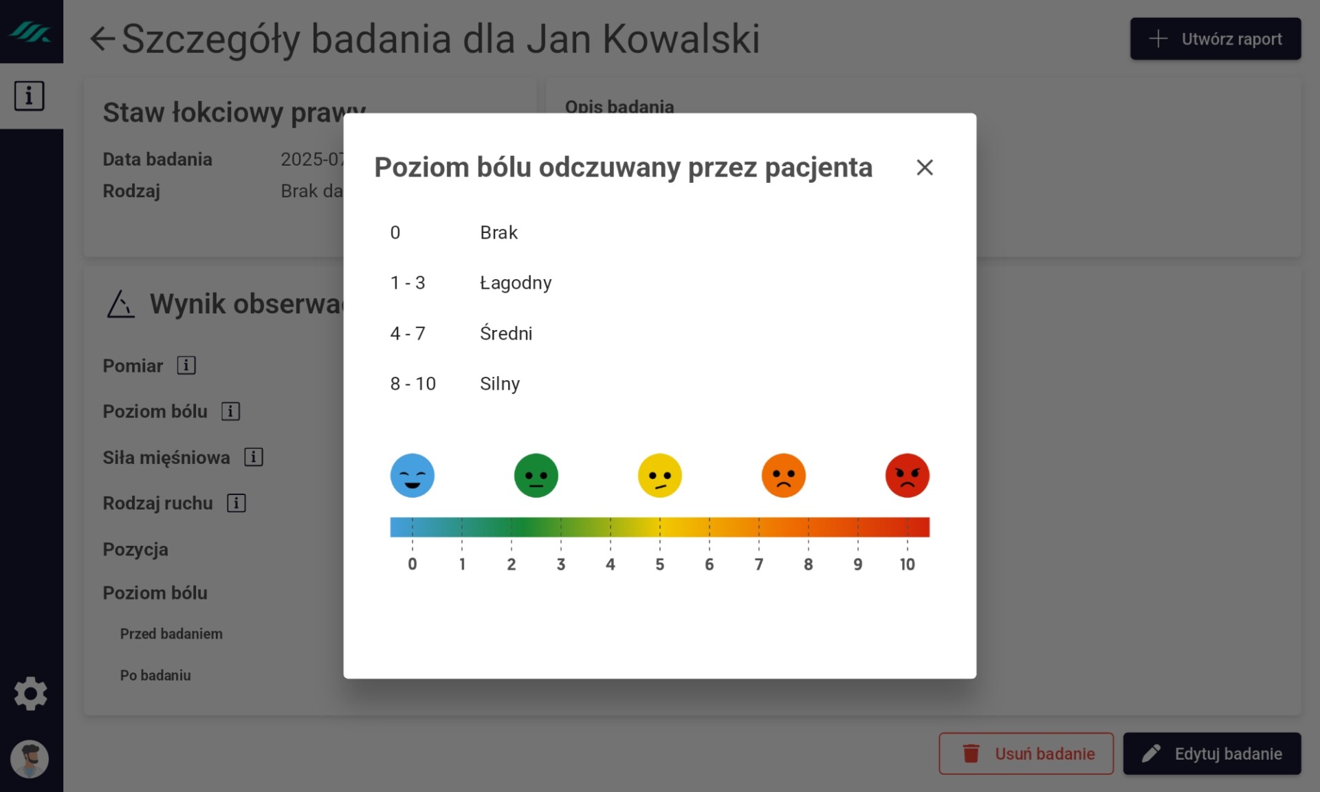 Widok z aplikacji przedstawiający poziom bólu odczuwanego przez pacjenta
